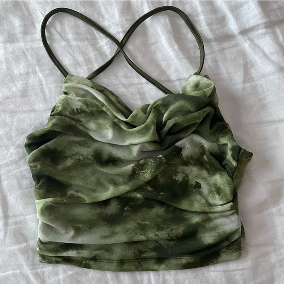 GREEN MARBLE MESH COWL CROSS BACK TOP - Picture 2 of 4